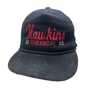 VTG 80s Black Hawkins Chemical Corduroy Hat Cap SnapBack Trucker Baseball‎ Rope